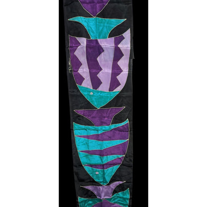 Vintage Artisan Signed Fish Motif Hand-Painted Print Silk Scarf 54"x9" Purple & Teal Abstract Wrap