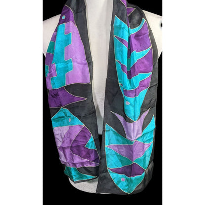 Vintage Artisan Signed Fish Motif Hand-Painted Print Silk Scarf 54"x9" Purple & Teal Abstract Wrap