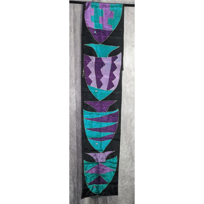 Vintage Artisan Signed Fish Motif Hand-Painted Print Silk Scarf 54"x9" Purple & Teal Abstract Wrap