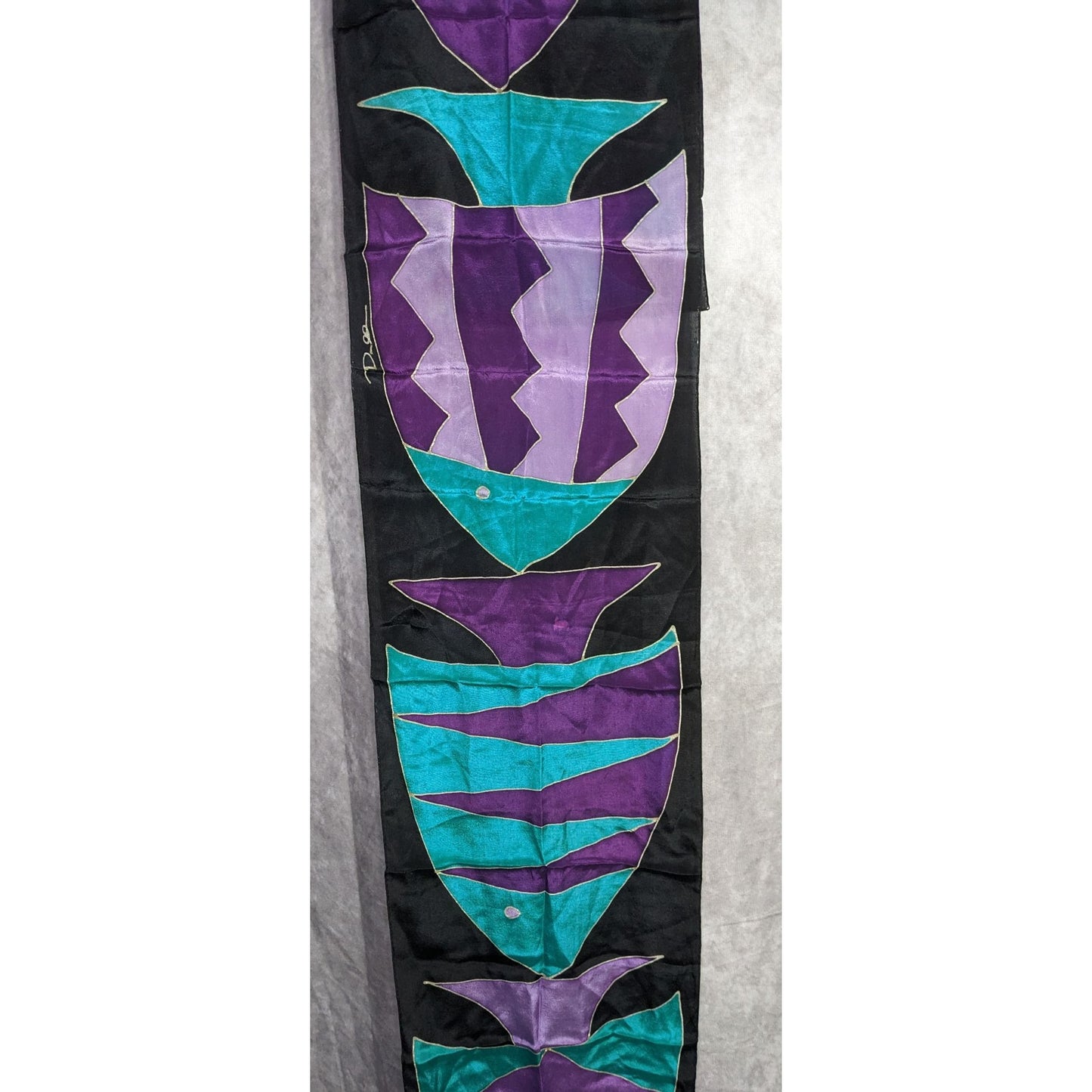 Vintage Artisan Signed Fish Motif Hand-Painted Print Silk Scarf 54"x9" Purple & Teal Abstract Wrap