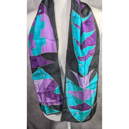 Vintage Artisan Signed Fish Motif Hand-Painted Print Silk Scarf 54"x9" Purple & Teal Abstract Wrap