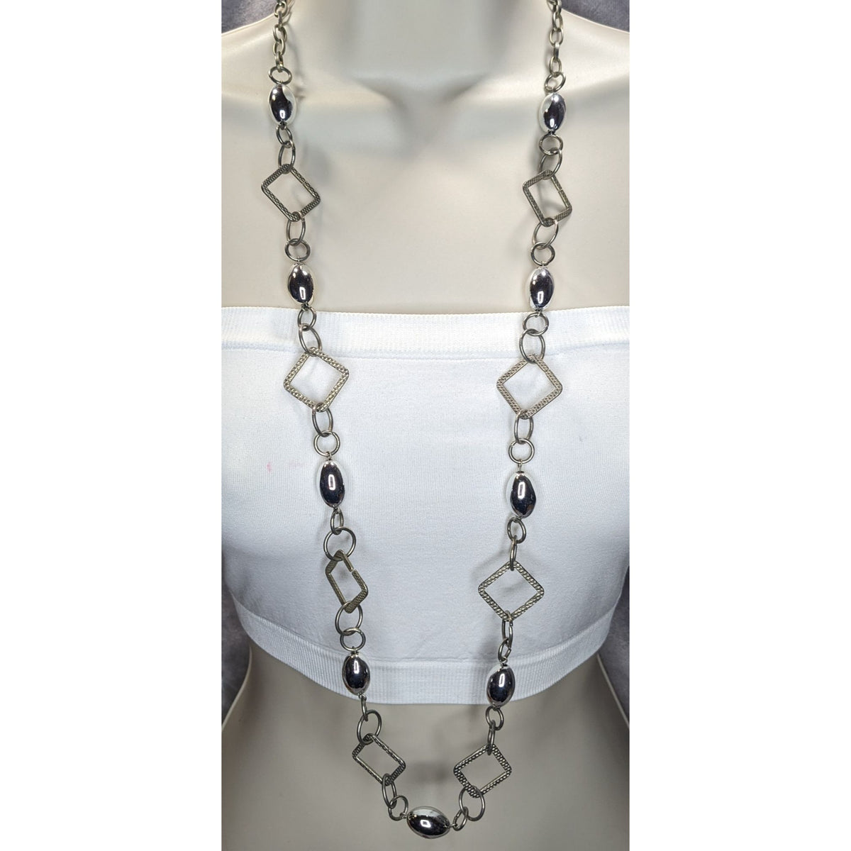Modern Industrial Minimalist Geometric Silver Tone Long Chain Necklace