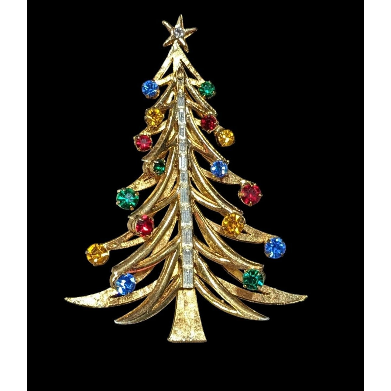 Vintage HTF Brooks Gemmed Gold Tone Christmas Tree Brooch