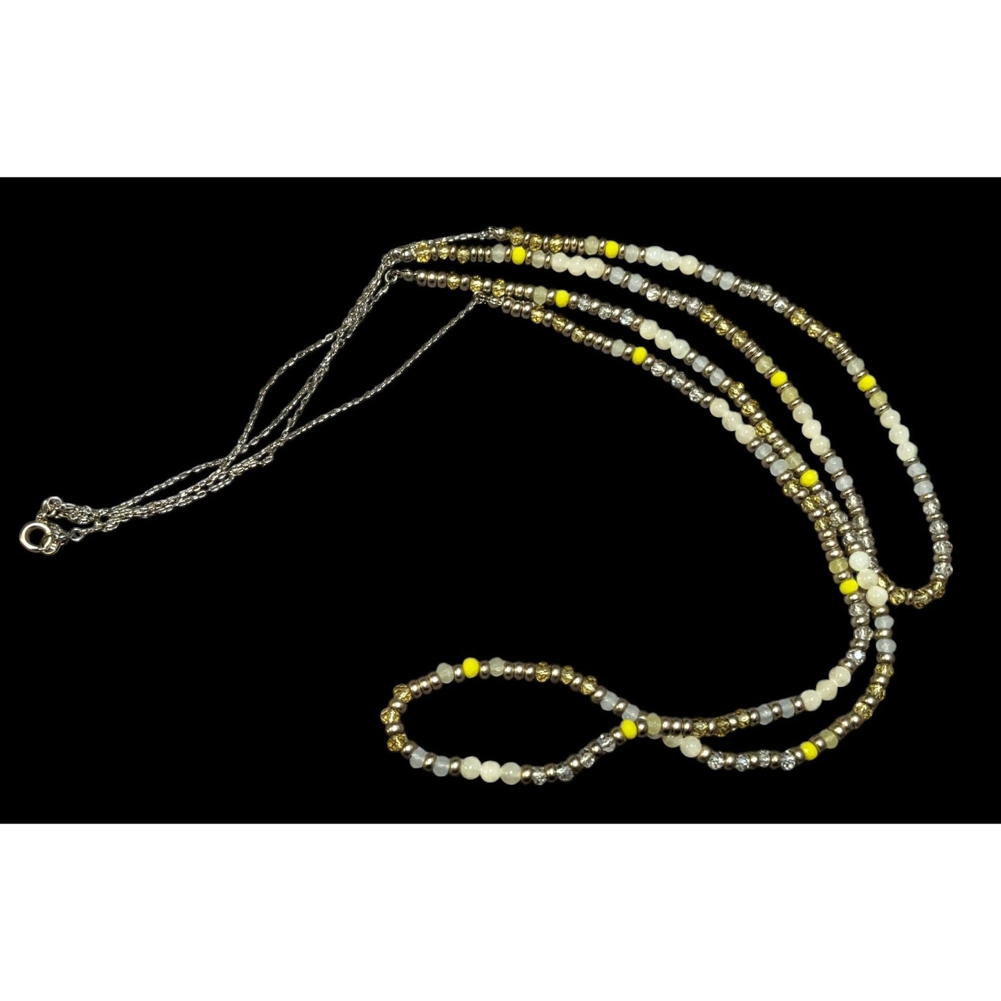 Yellow Silver Tone And White Beaded Multilayer Necklace