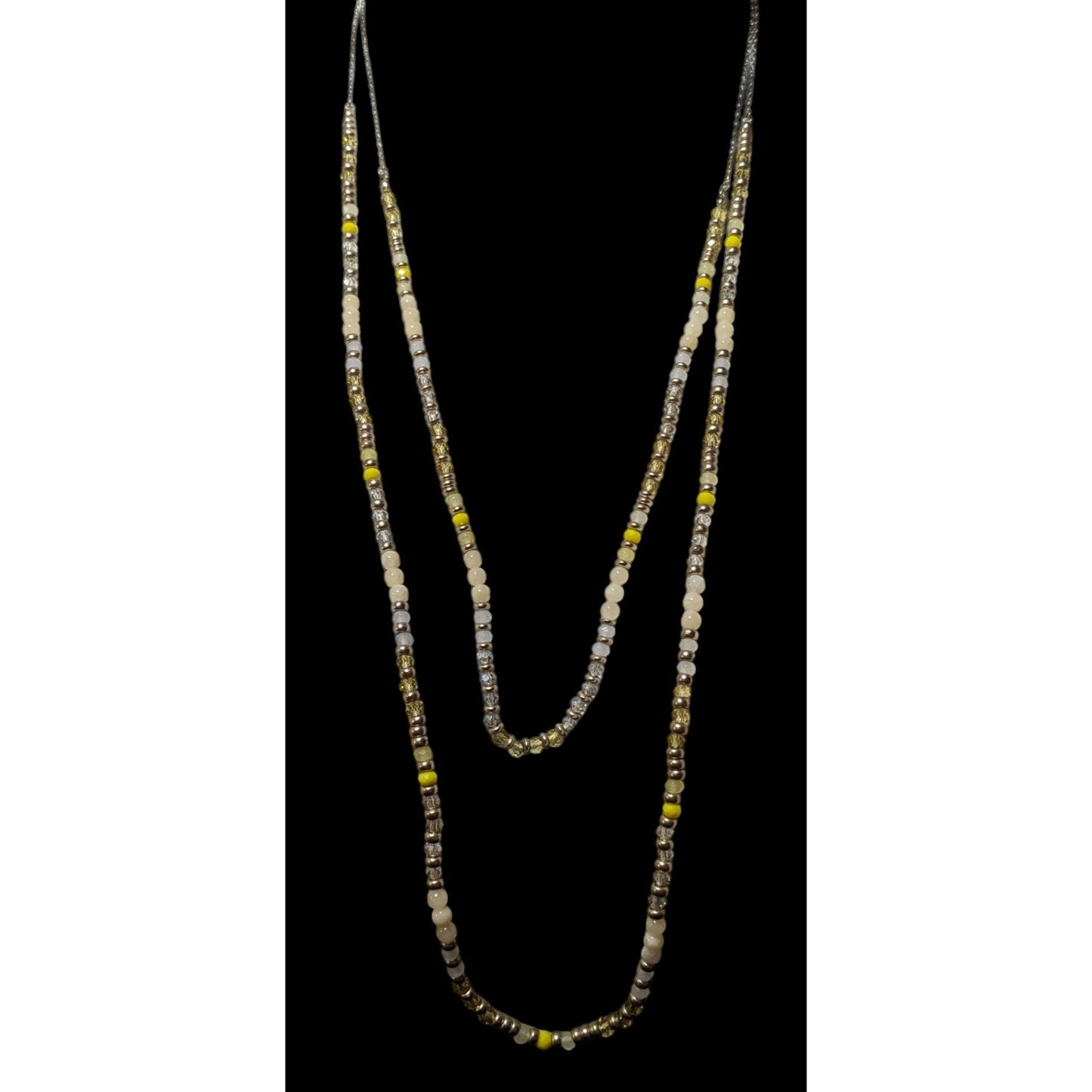 Yellow Silver Tone And White Beaded Multilayer Necklace