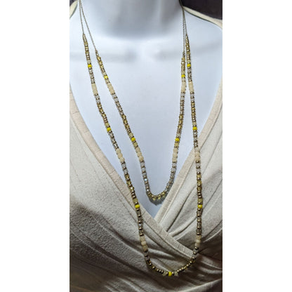 Yellow Silver Tone And White Beaded Multilayer Necklace