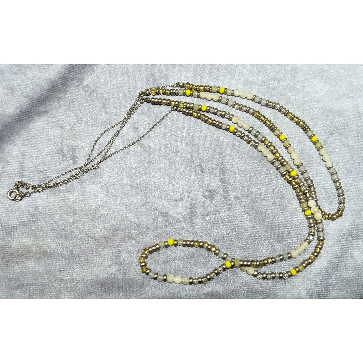 Yellow Silver Tone And White Beaded Multilayer Necklace