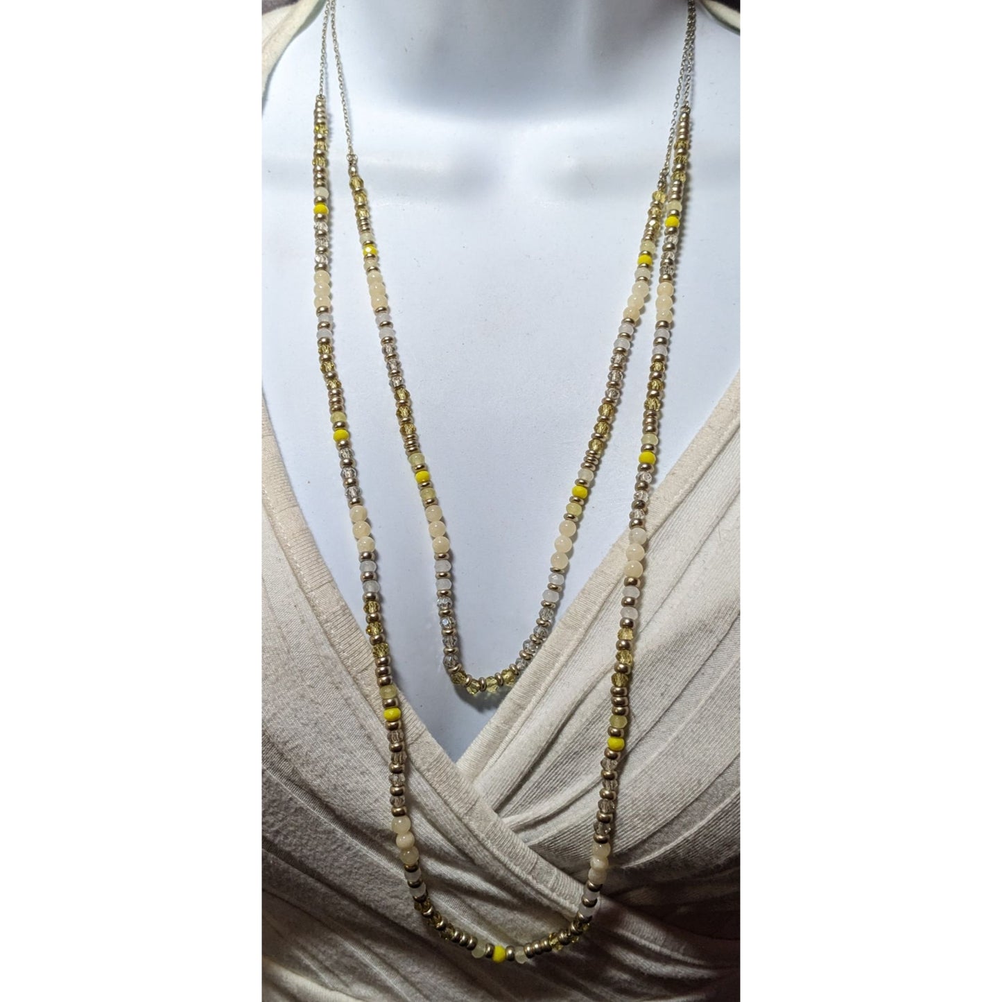 Yellow Silver Tone And White Beaded Multilayer Necklace