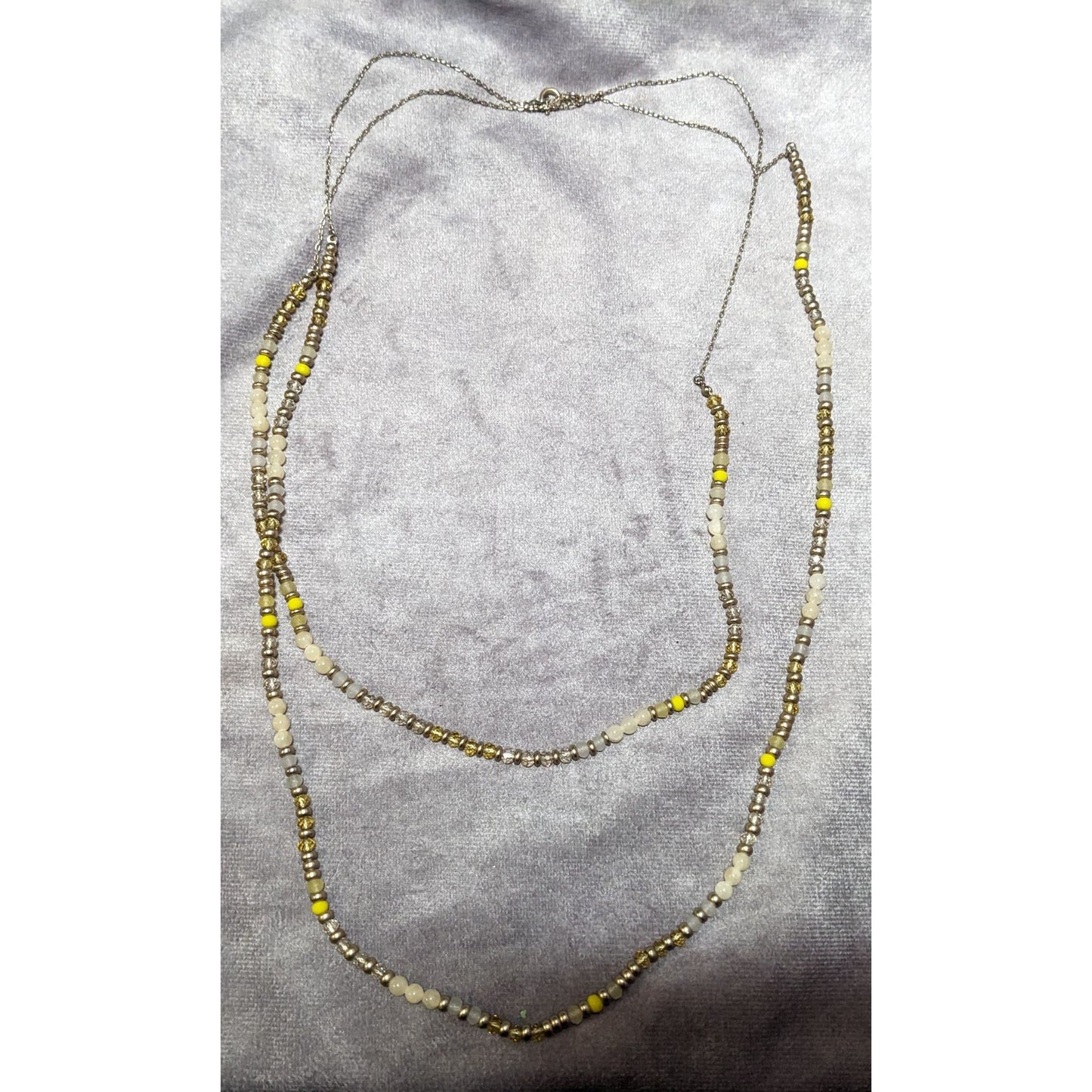 Yellow Silver Tone And White Beaded Multilayer Necklace