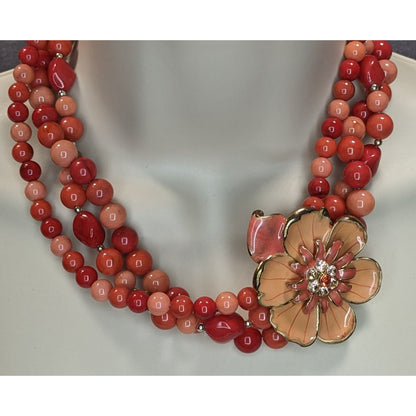 Statement Floral Beaded Necklace Coral Pink Multi Strand Bib Necklace
