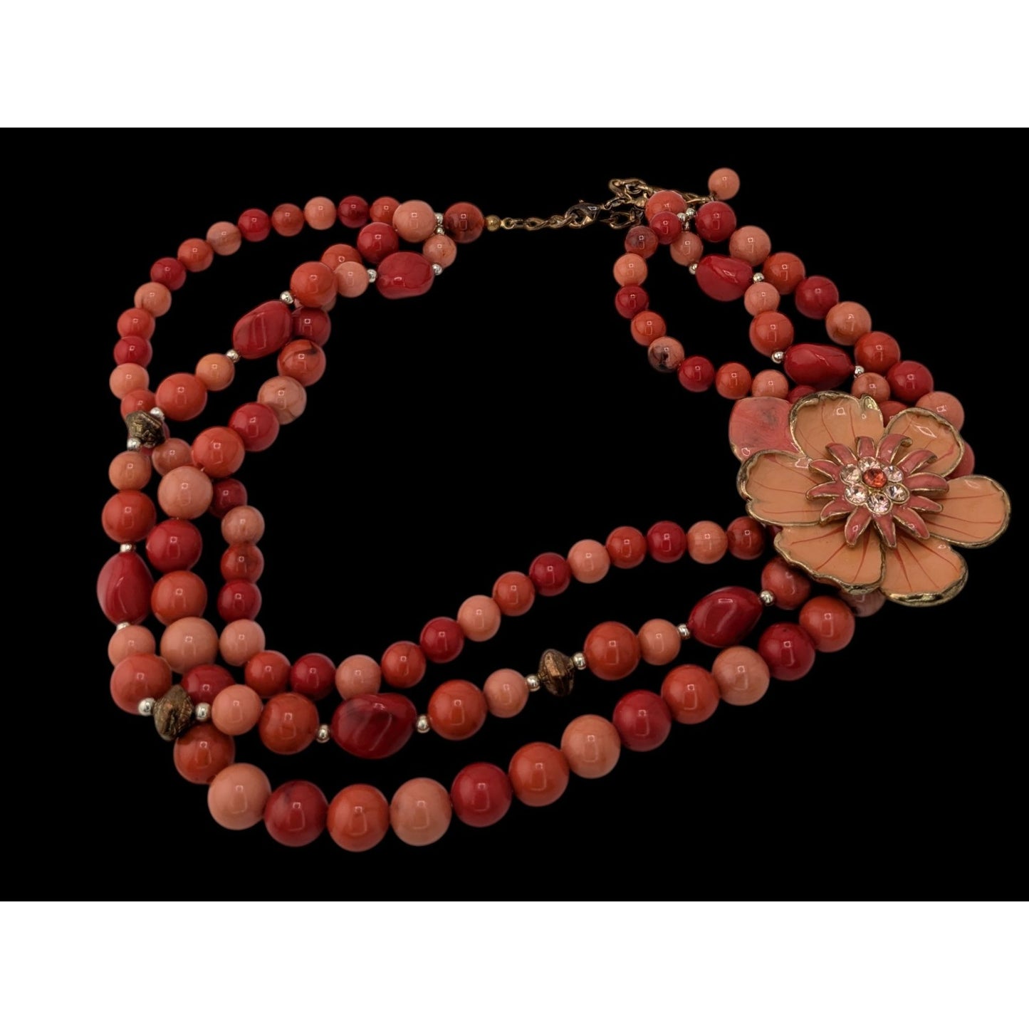 Statement Floral Beaded Necklace Coral Pink Multi Strand Bib Necklace