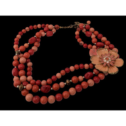 Statement Floral Beaded Necklace Coral Pink Multi Strand Bib Necklace