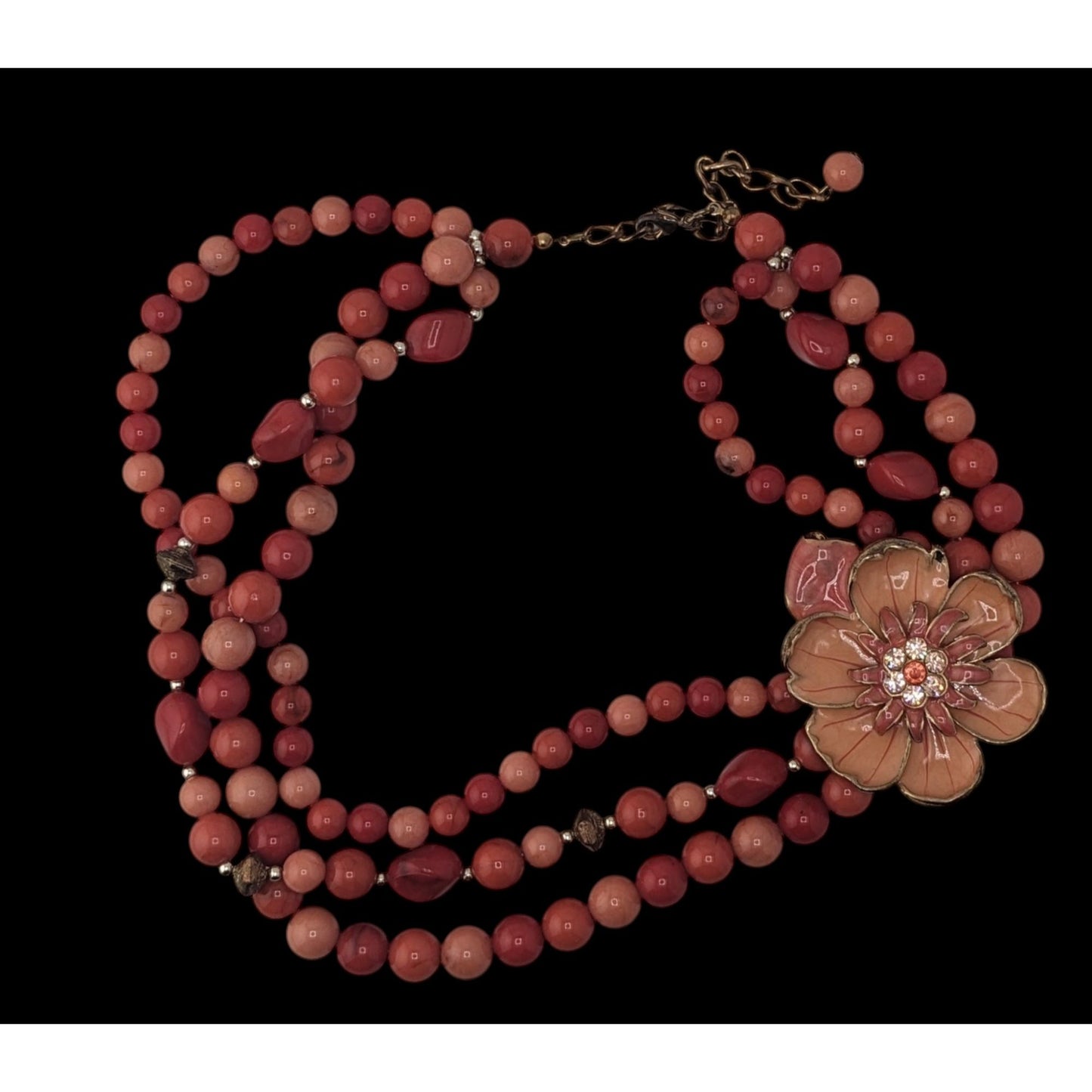 Statement Floral Beaded Necklace Coral Pink Multi Strand Bib Necklace