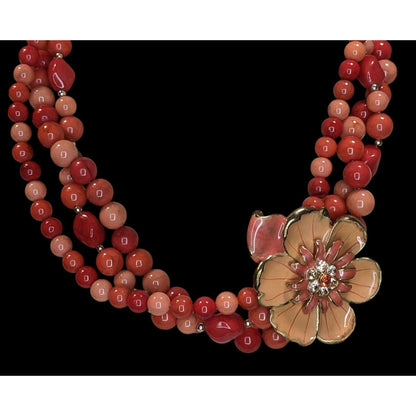 Statement Floral Beaded Necklace Coral Pink Multi Strand Bib Necklace