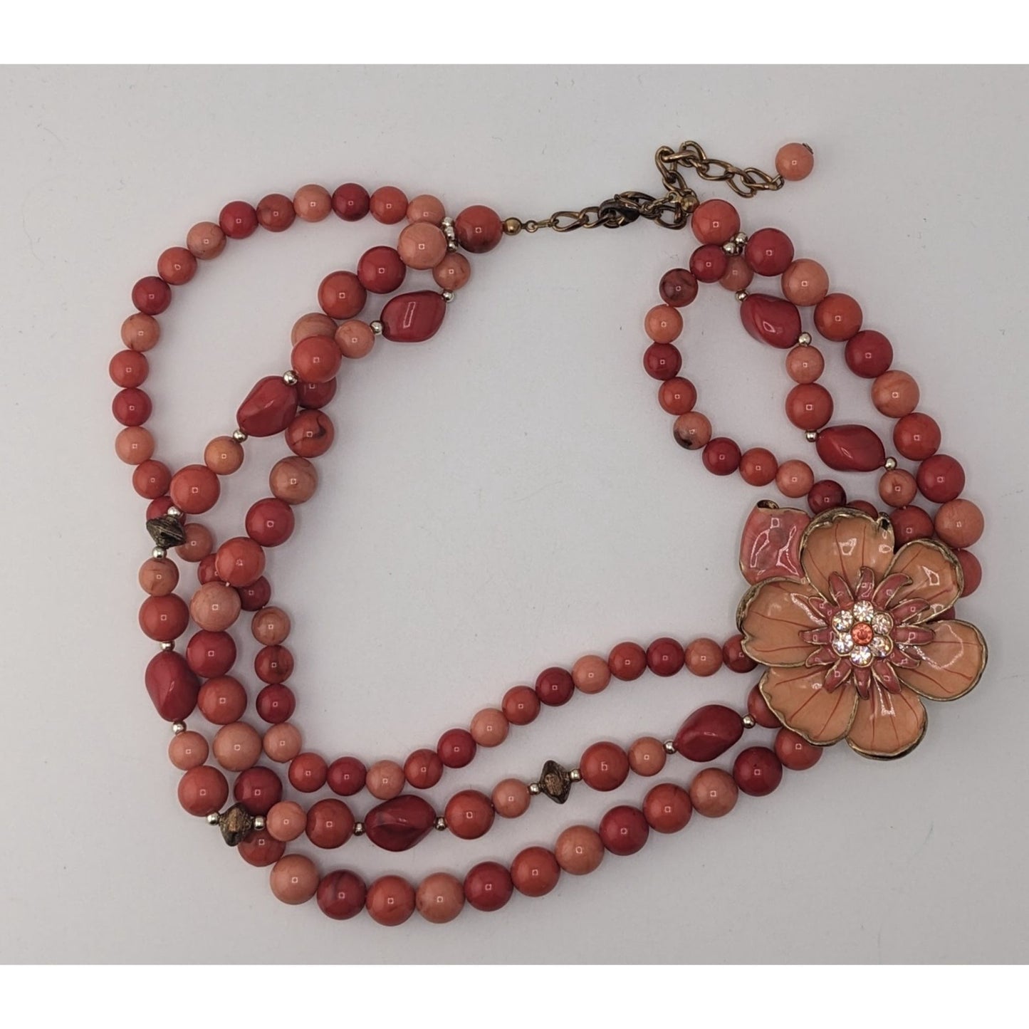 Statement Floral Beaded Necklace Coral Pink Multi Strand Bib Necklace