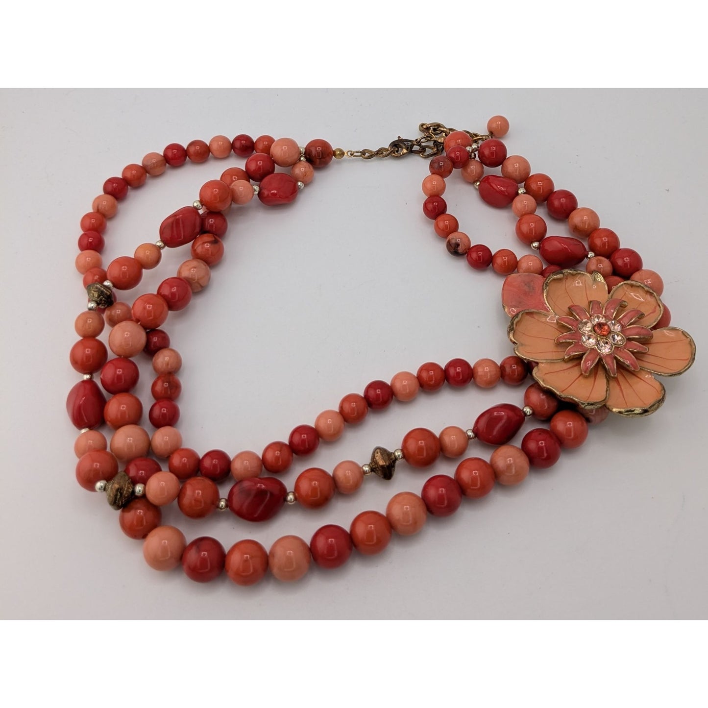 Statement Floral Beaded Necklace Coral Pink Multi Strand Bib Necklace