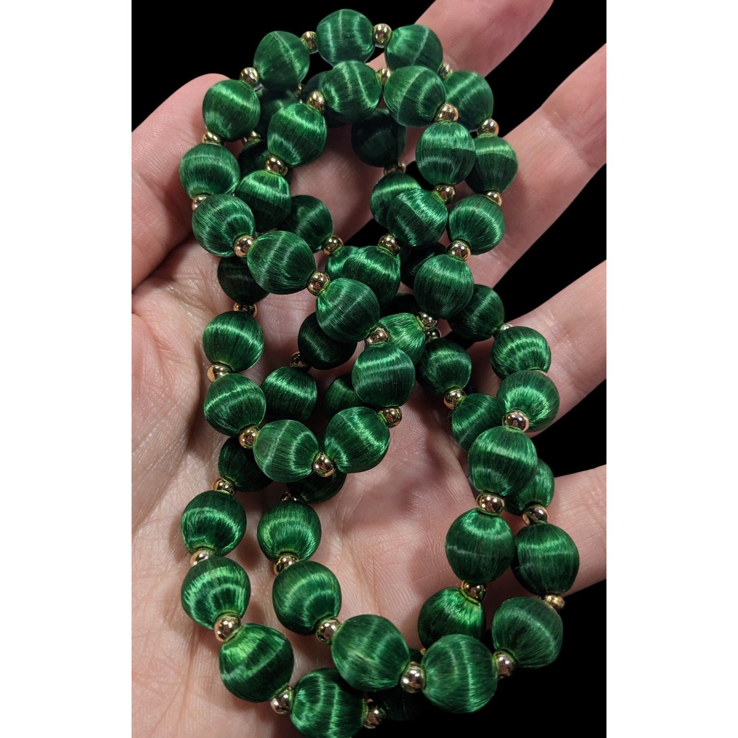 Vintage Satin Silk Green And Gold Tone Beaded Necklace