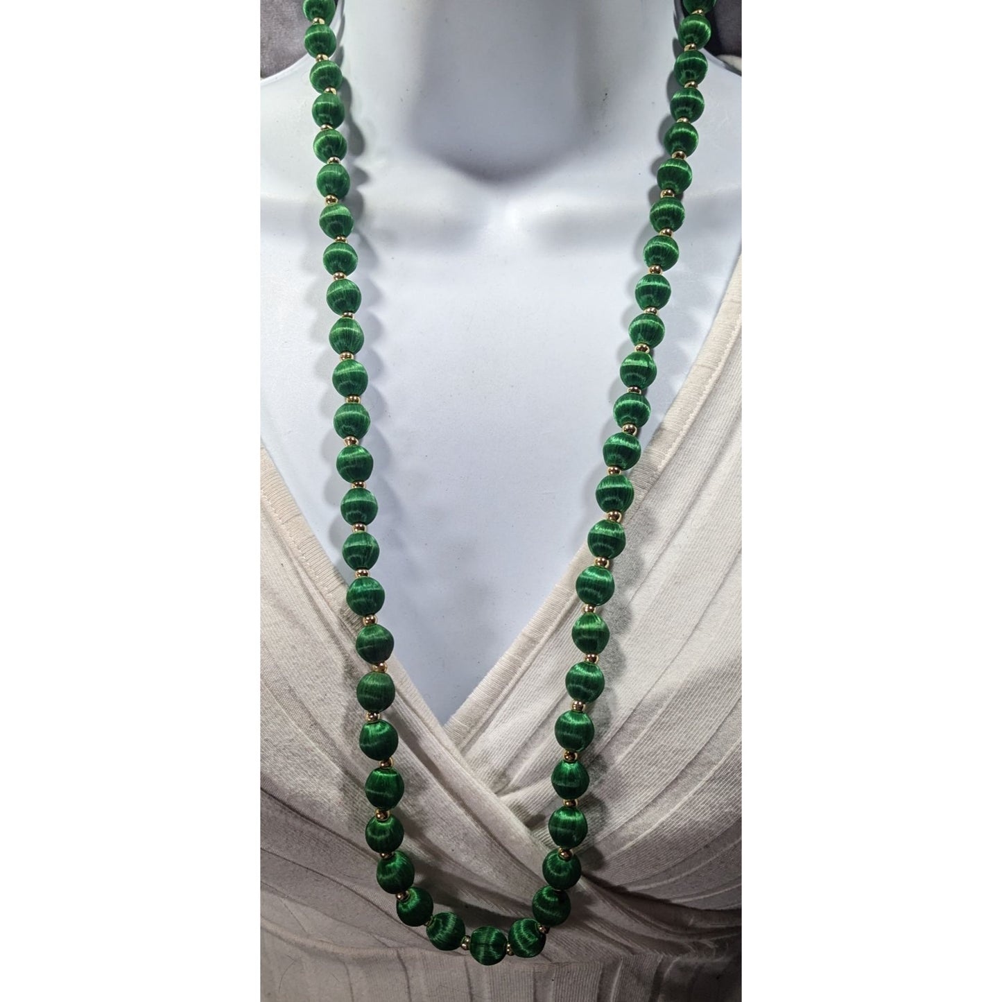 Vintage Satin Silk Green And Gold Tone Beaded Necklace