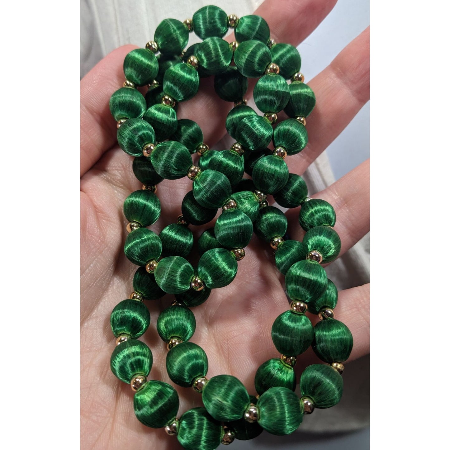 Vintage Satin Silk Green And Gold Tone Beaded Necklace