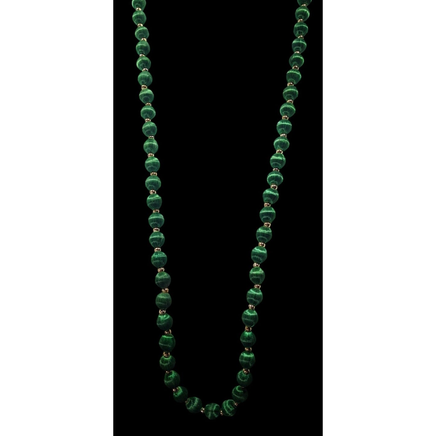 Vintage Satin Silk Green And Gold Tone Beaded Necklace
