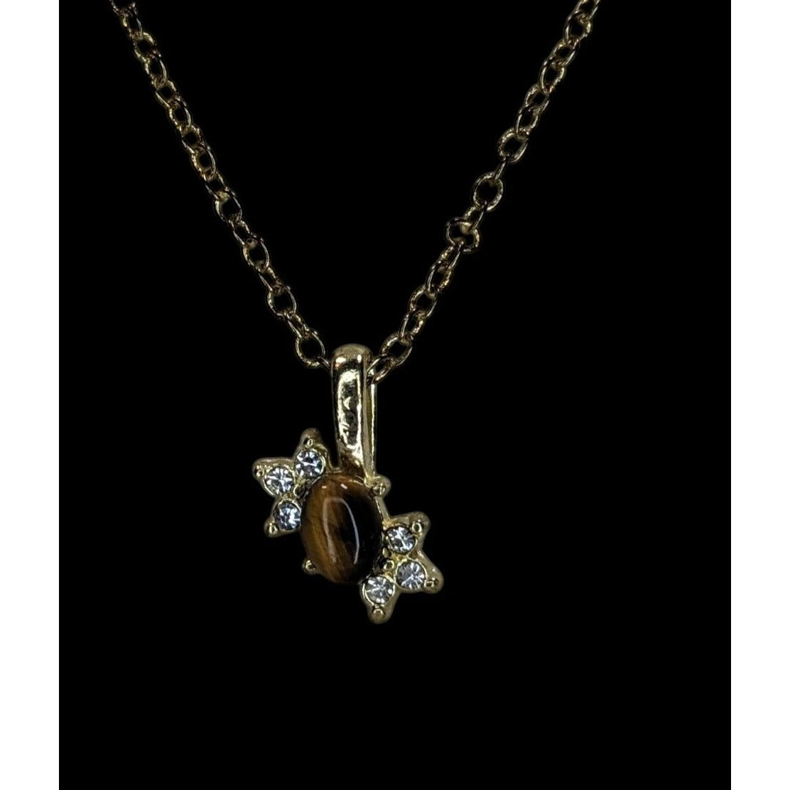 Boho Witchy Nature Tiger Eye Rhinestone Pendant Necklace Gold Tone