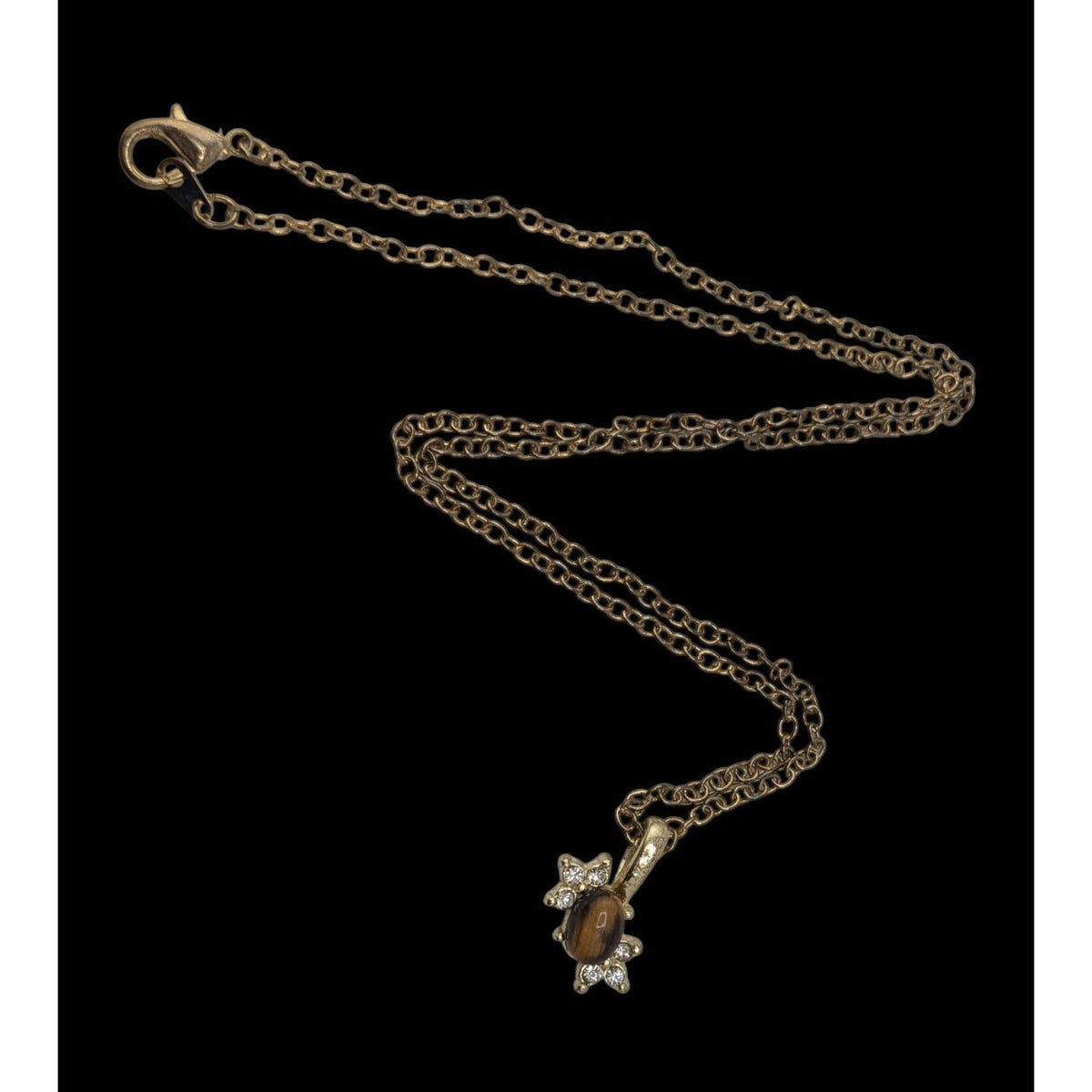 Boho Witchy Nature Tiger Eye Rhinestone Pendant Necklace Gold Tone