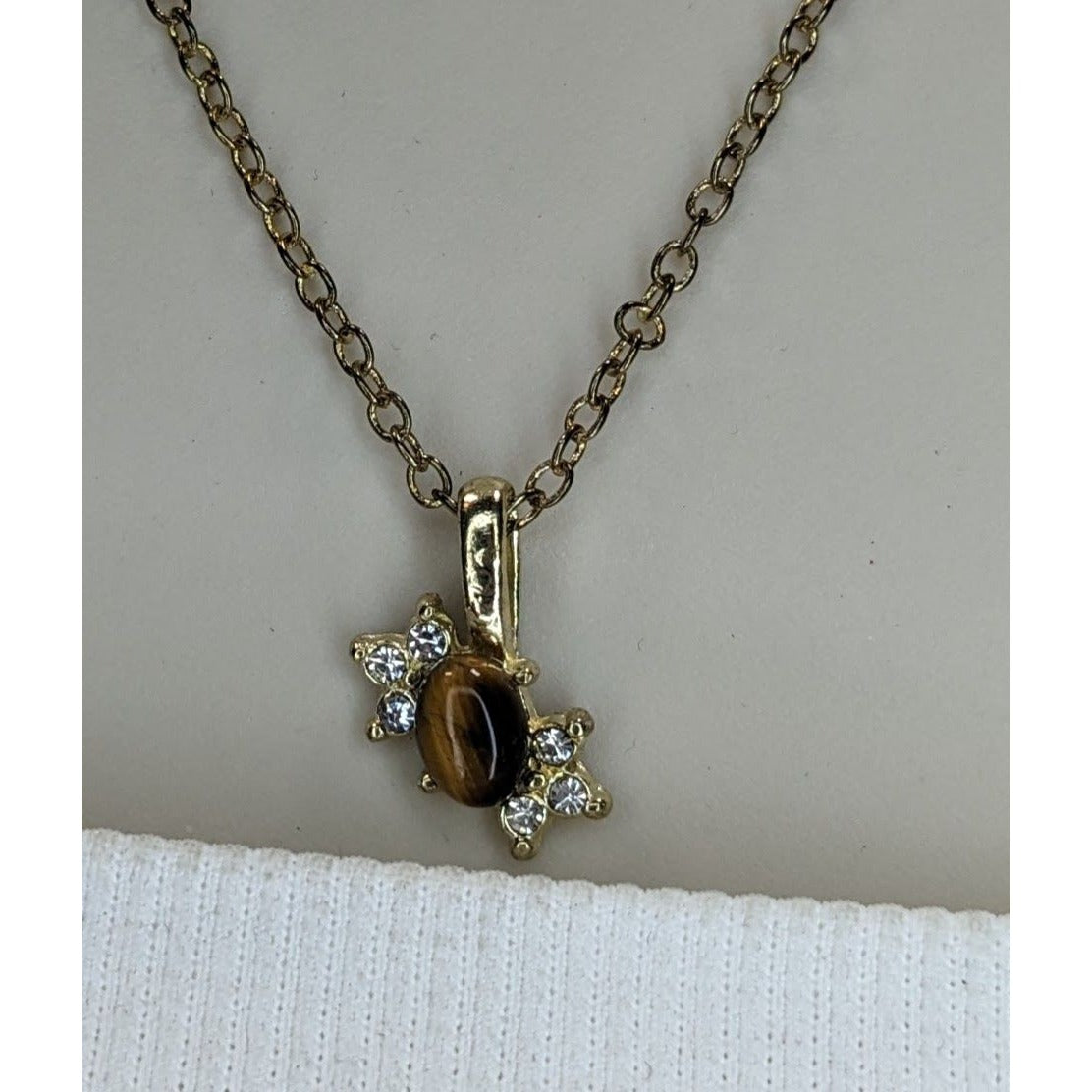 Boho Witchy Nature Tiger Eye Rhinestone Pendant Necklace Gold Tone