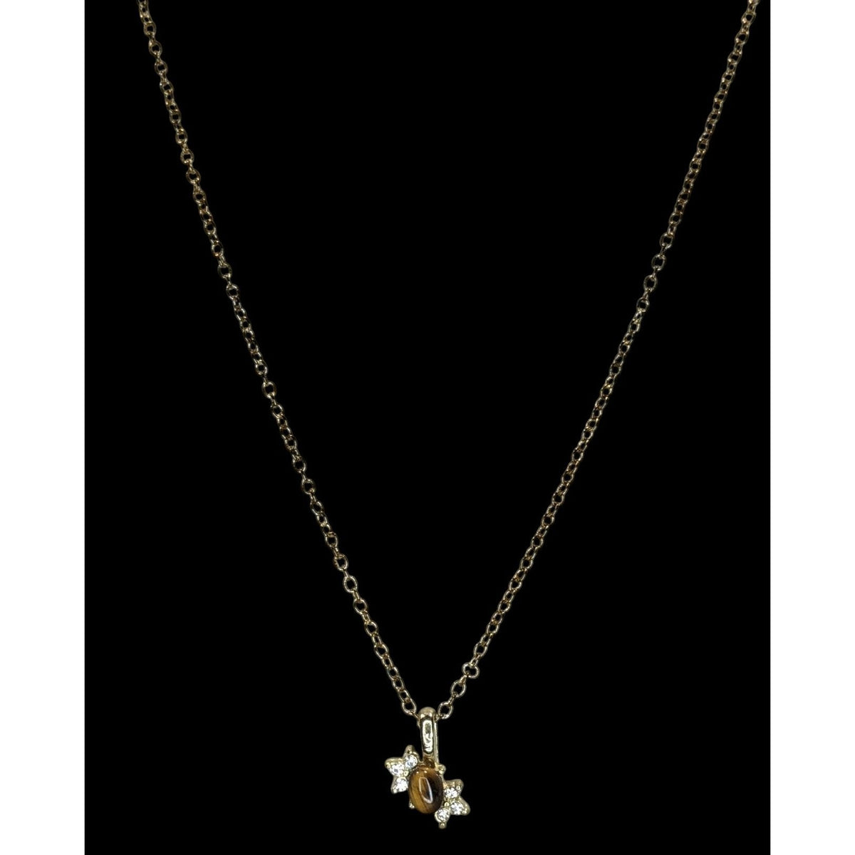 Boho Witchy Nature Tiger Eye Rhinestone Pendant Necklace Gold Tone
