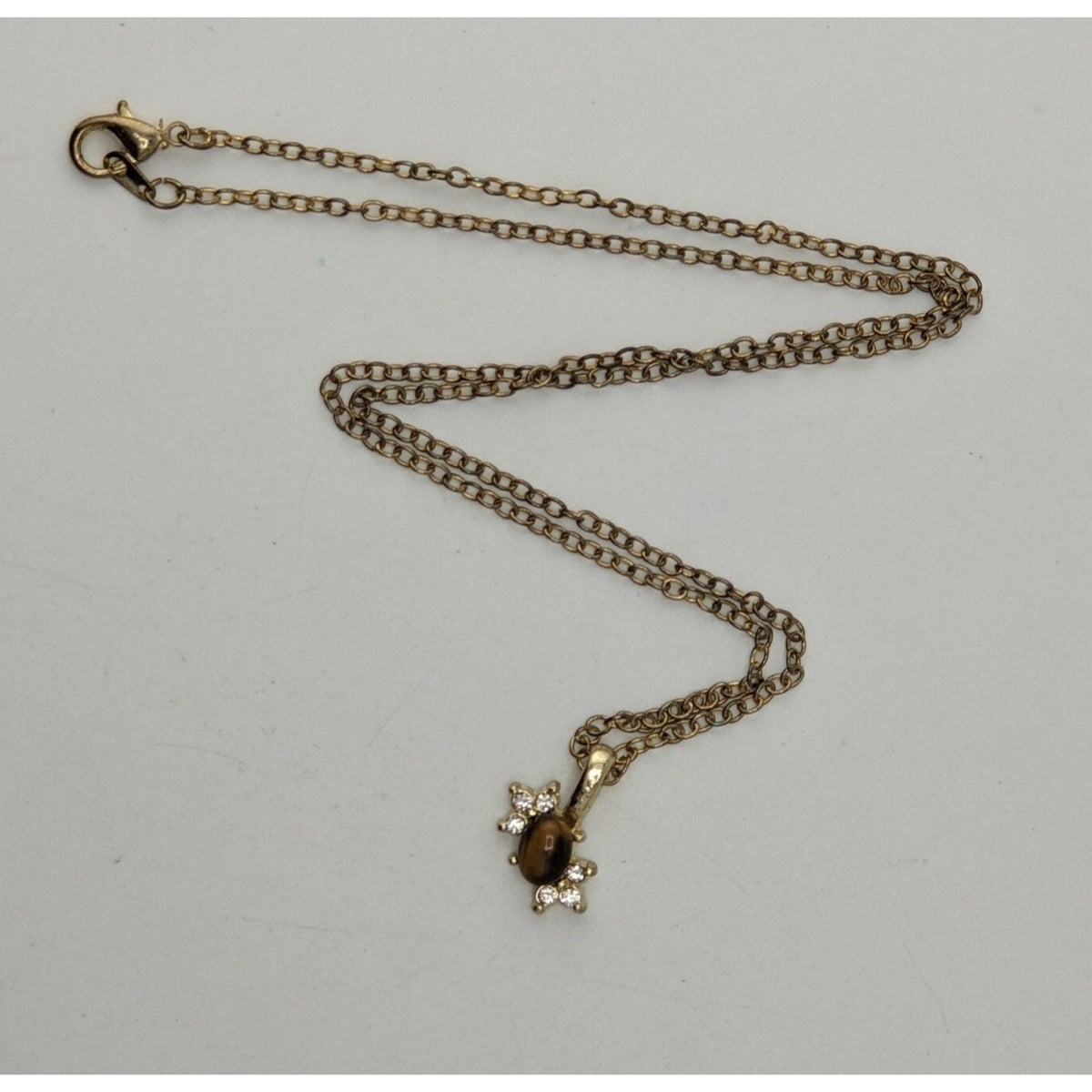 Boho Witchy Nature Tiger Eye Rhinestone Pendant Necklace Gold Tone