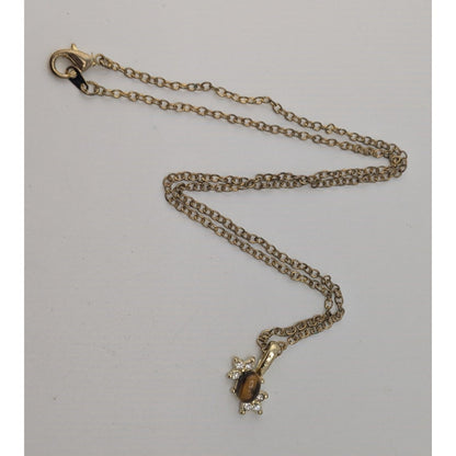 Boho Witchy Nature Tiger Eye Rhinestone Pendant Necklace Gold Tone
