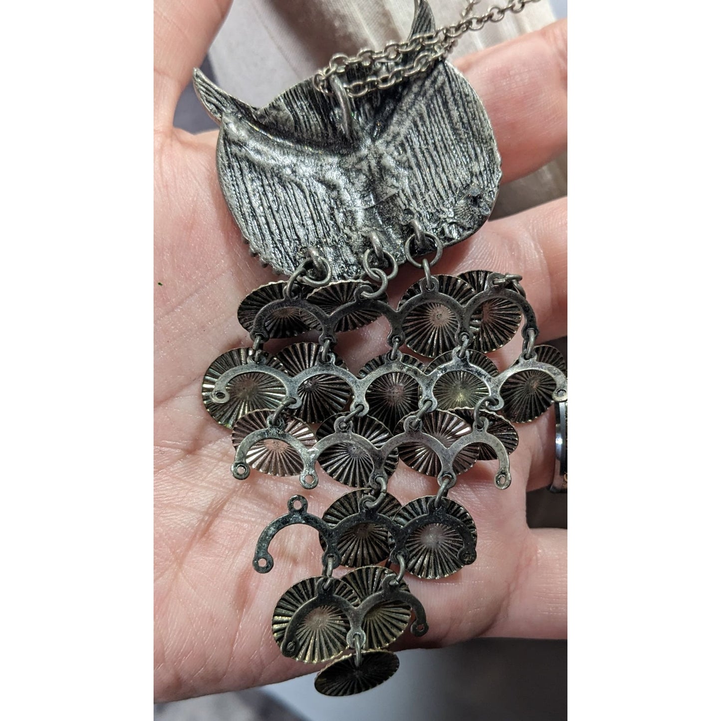 Quirky Y2K Own Pedant Necklace With Disc Fringe Feathers And Yellow Gem Eyes