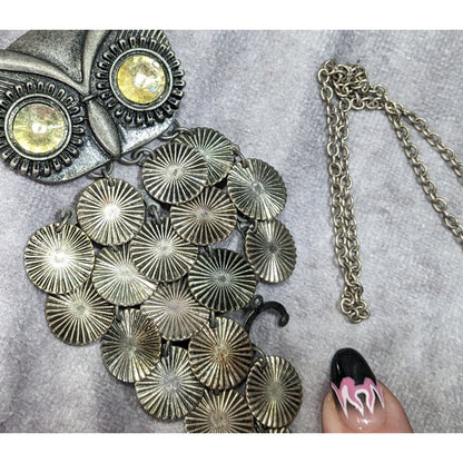 Quirky Y2K Own Pedant Necklace With Disc Fringe Feathers And Yellow Gem Eyes
