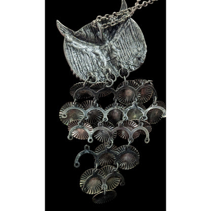 Quirky Y2K Own Pedant Necklace With Disc Fringe Feathers And Yellow Gem Eyes