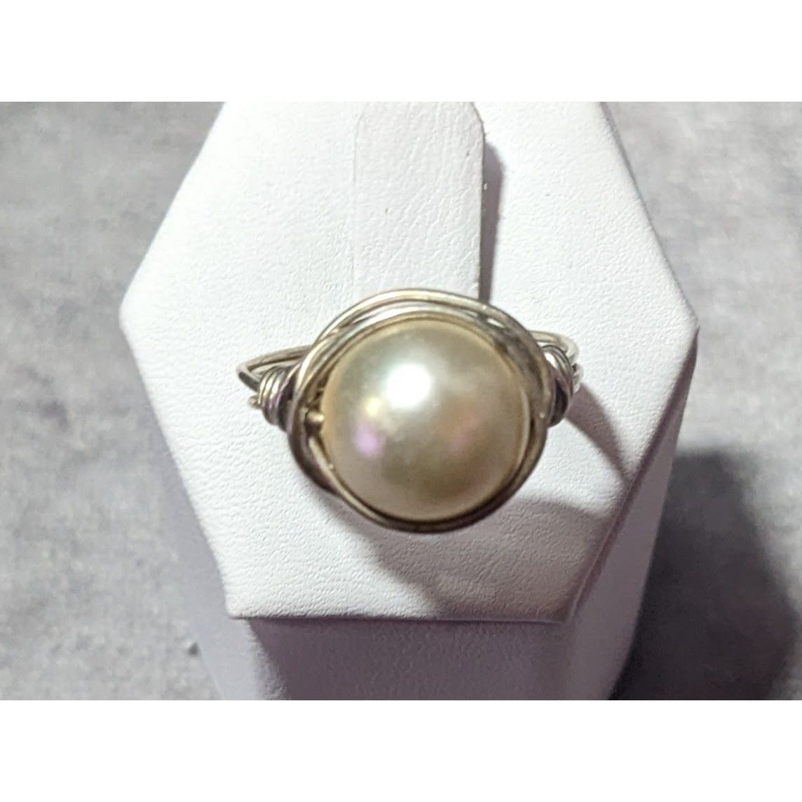 Elegant Glam Faux Pearl Wire Wrap Ring Size 9