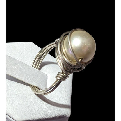 Elegant Glam Faux Pearl Wire Wrap Ring Size 9