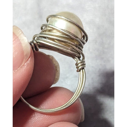 Elegant Glam Faux Pearl Wire Wrap Ring Size 9