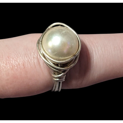 Elegant Glam Faux Pearl Wire Wrap Ring Size 9