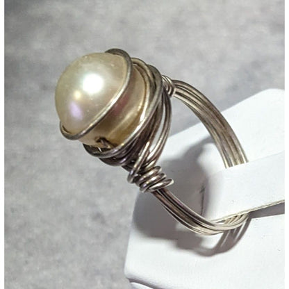 Elegant Glam Faux Pearl Wire Wrap Ring Size 9