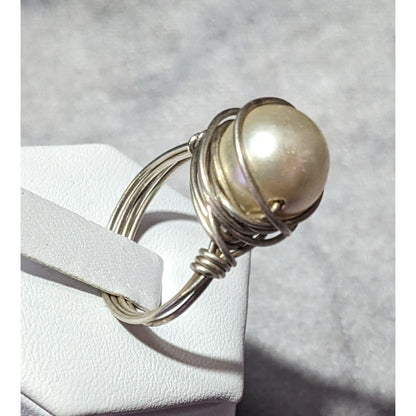 Elegant Glam Faux Pearl Wire Wrap Ring Size 9