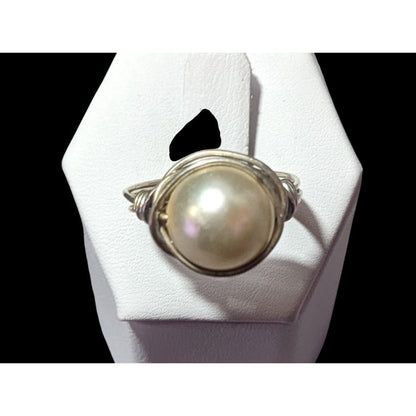 Elegant Glam Faux Pearl Wire Wrap Ring Size 9