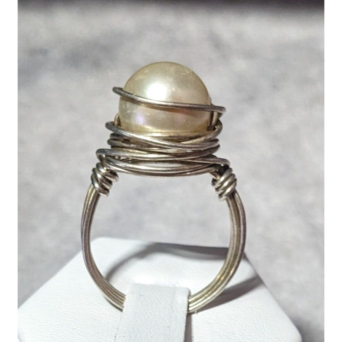 Elegant Glam Faux Pearl Wire Wrap Ring Size 9