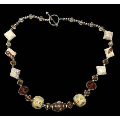 Vintage Earth Tone Bohemian Mixed Media Beaded Necklace