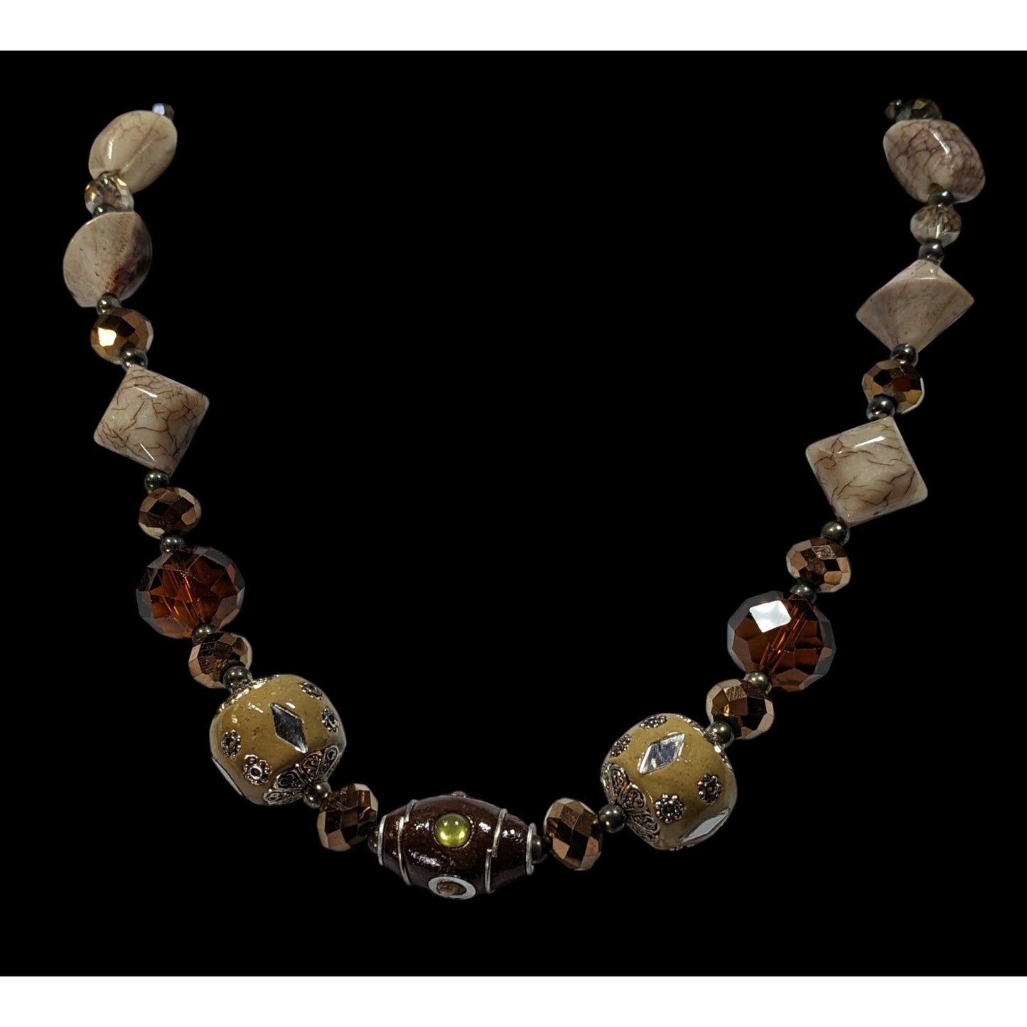 Vintage Earth Tone Bohemian Mixed Media Beaded Necklace