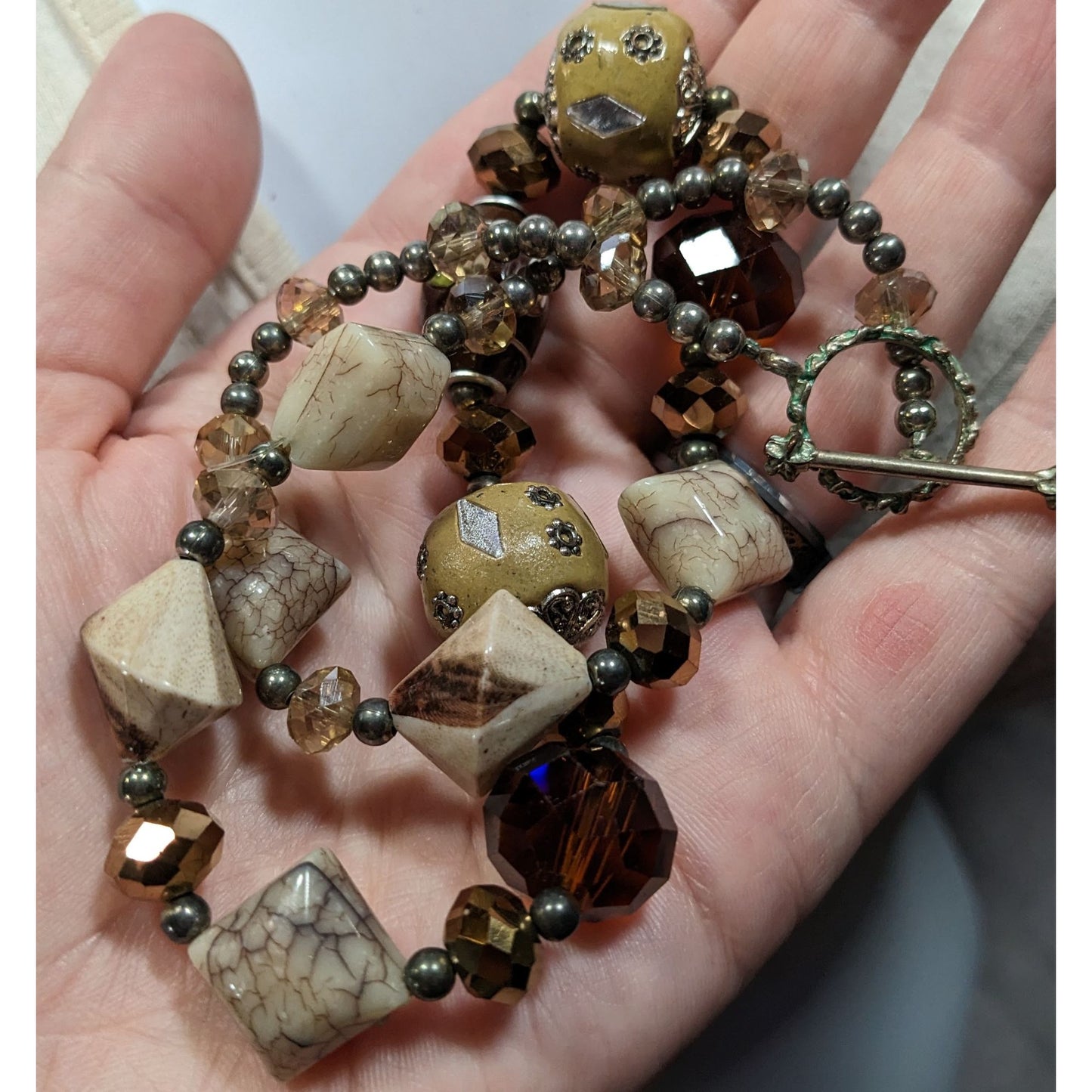 Vintage Earth Tone Bohemian Mixed Media Beaded Necklace