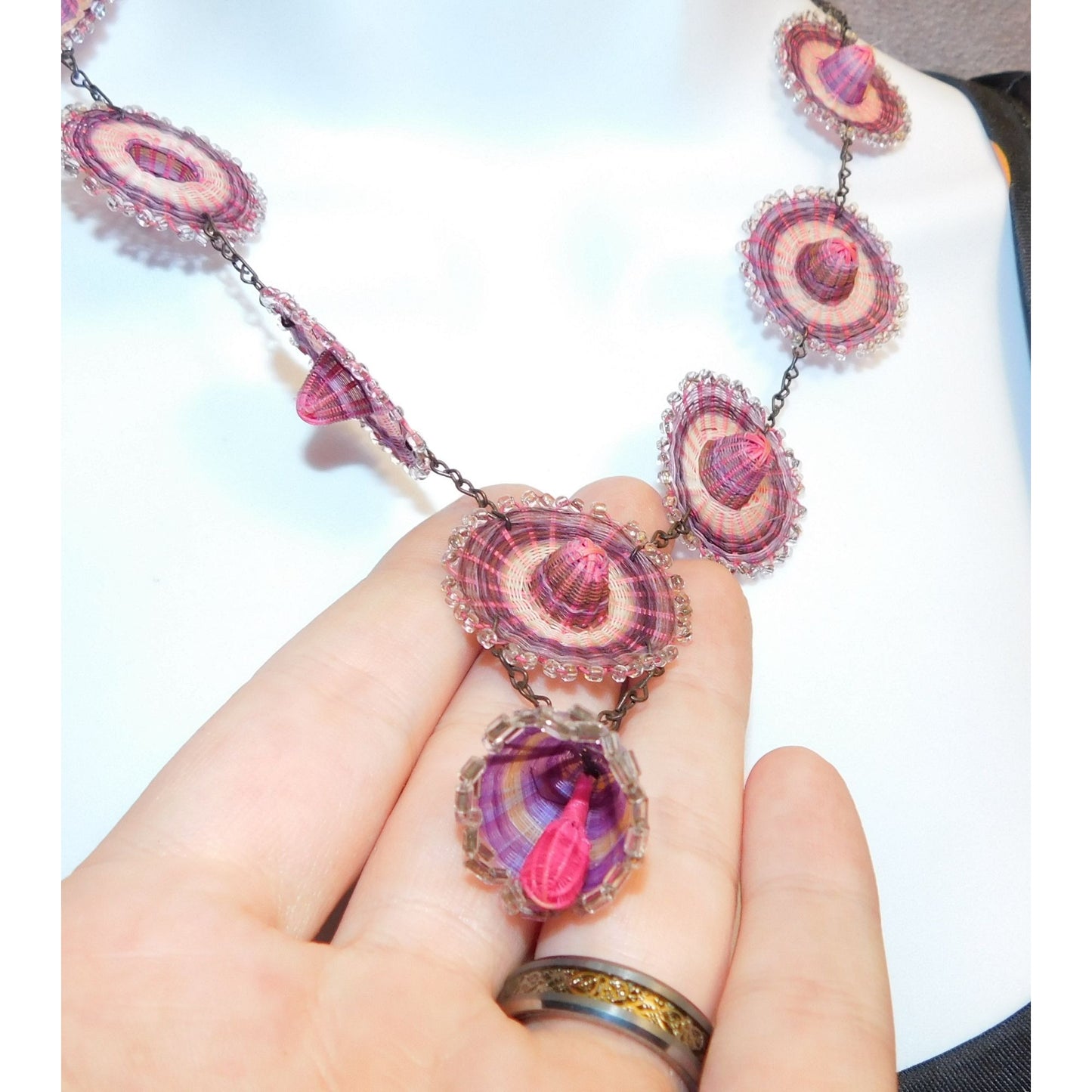 Vintage Purple And Pink Woven Sombrero Necklace