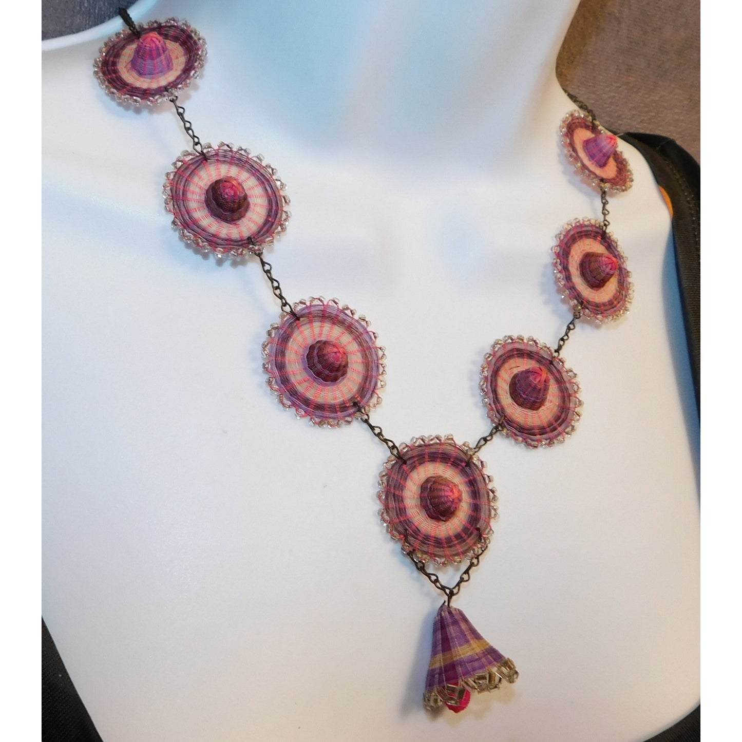 Vintage Purple And Pink Woven Sombrero Necklace