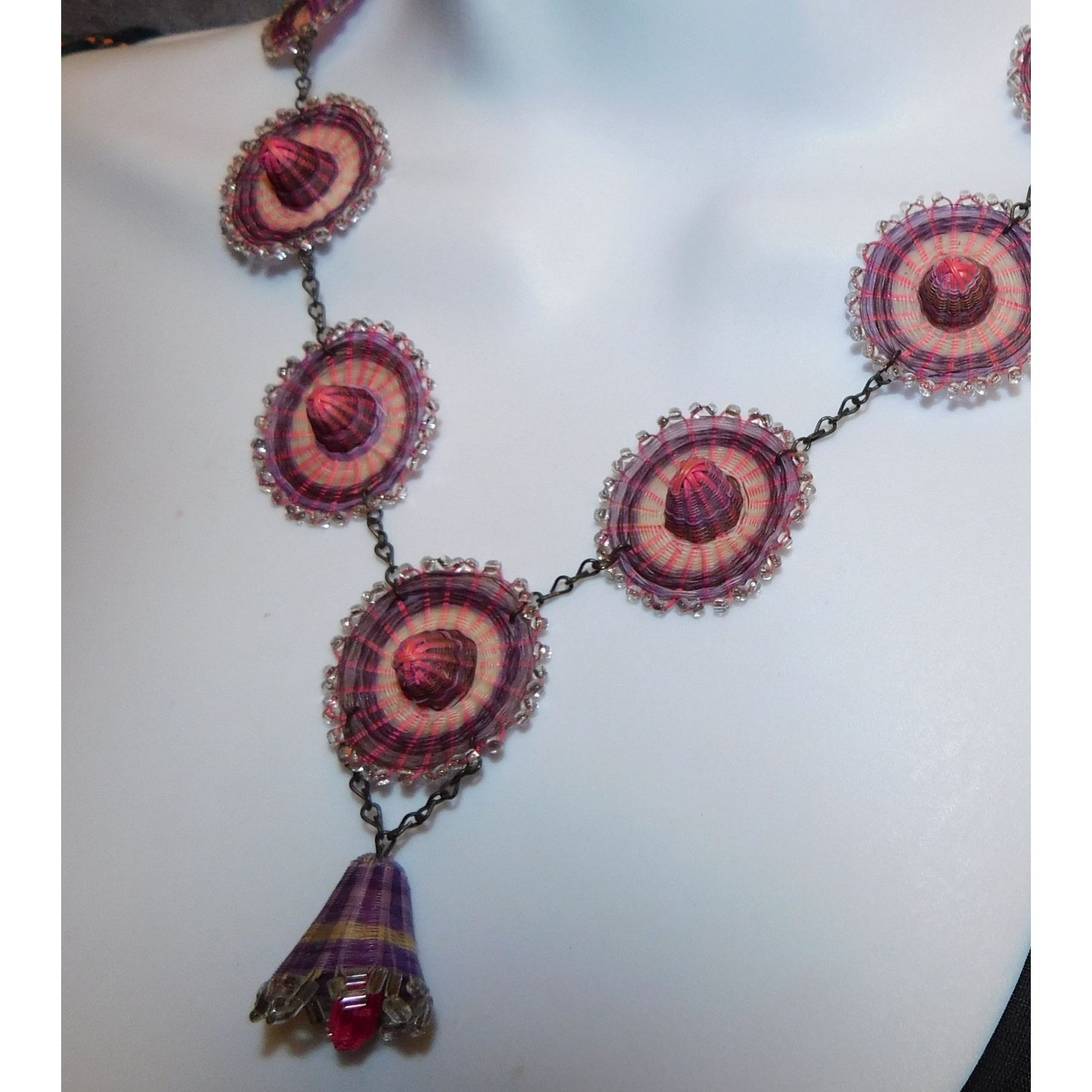 Vintage Purple And Pink Woven Sombrero Necklace