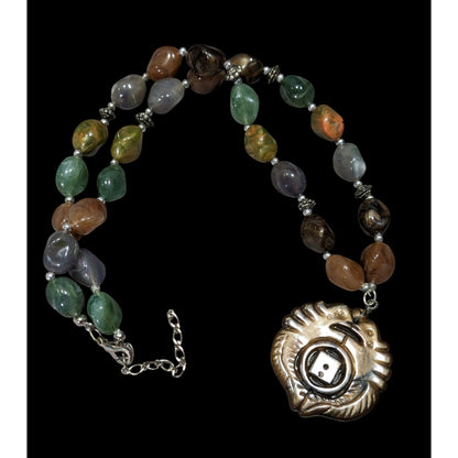 Vintage Chinese Symbol Pendant Necklace With Faux Stone Beads