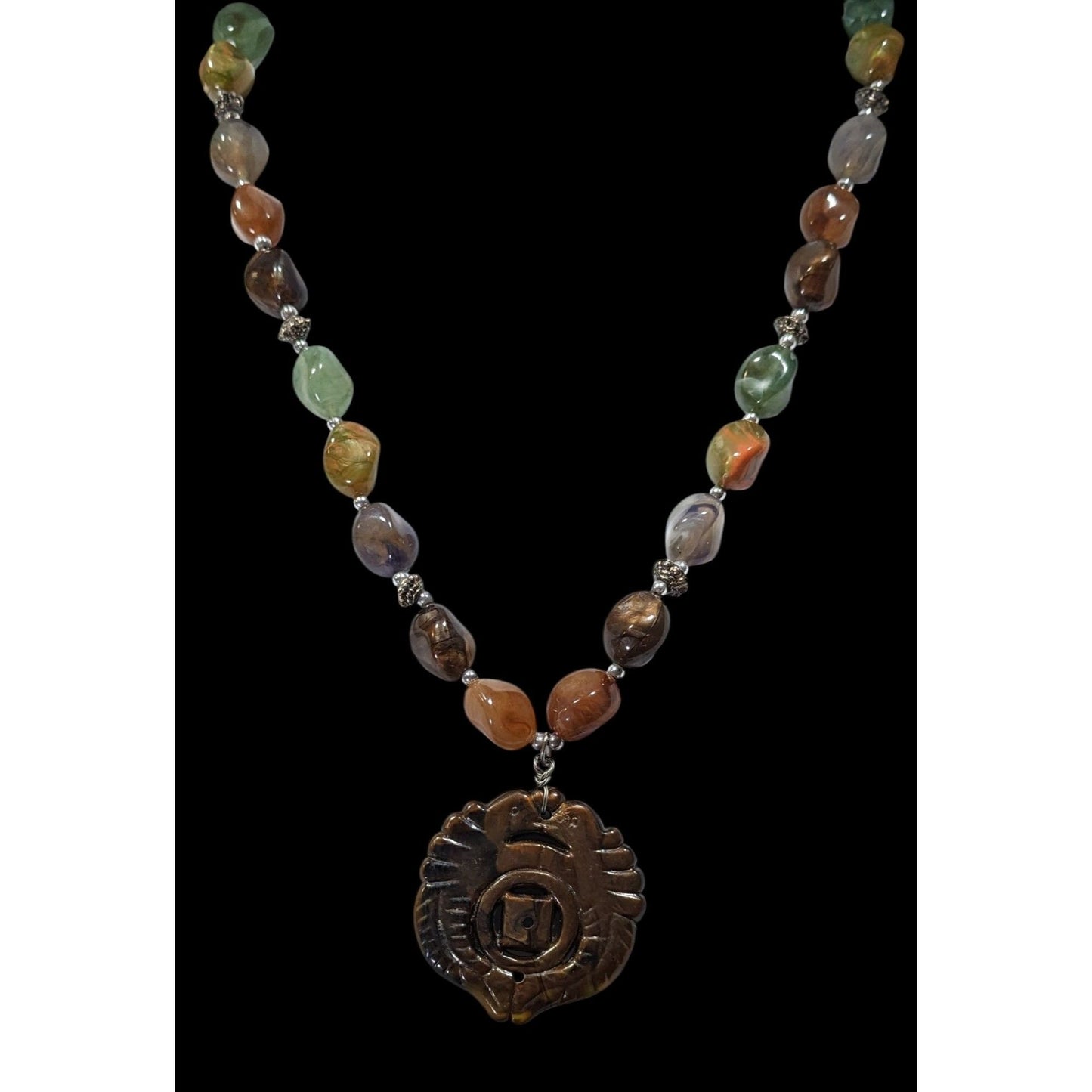 Vintage Chinese Symbol Pendant Necklace With Faux Stone Beads