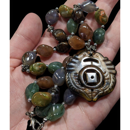 Vintage Chinese Symbol Pendant Necklace With Faux Stone Beads